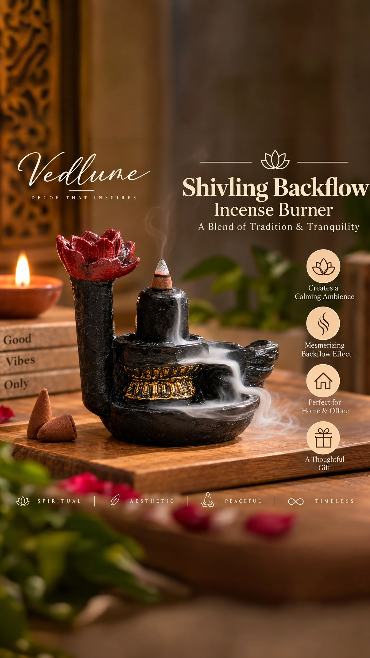 Vedlume Facebook ad: Buy Shivling Lotus Backflow Incense Burner!