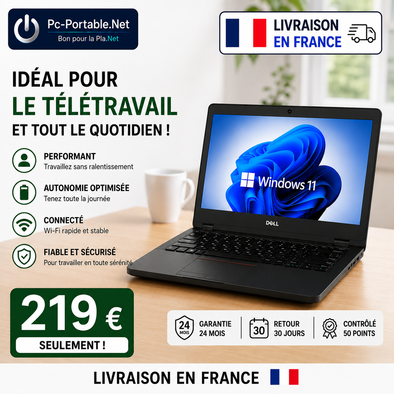 Pc-portable.net Facebook ad: DELL 7480 Core i5 - Windows 11 - SSD 250 GO - Ram 12 Go…