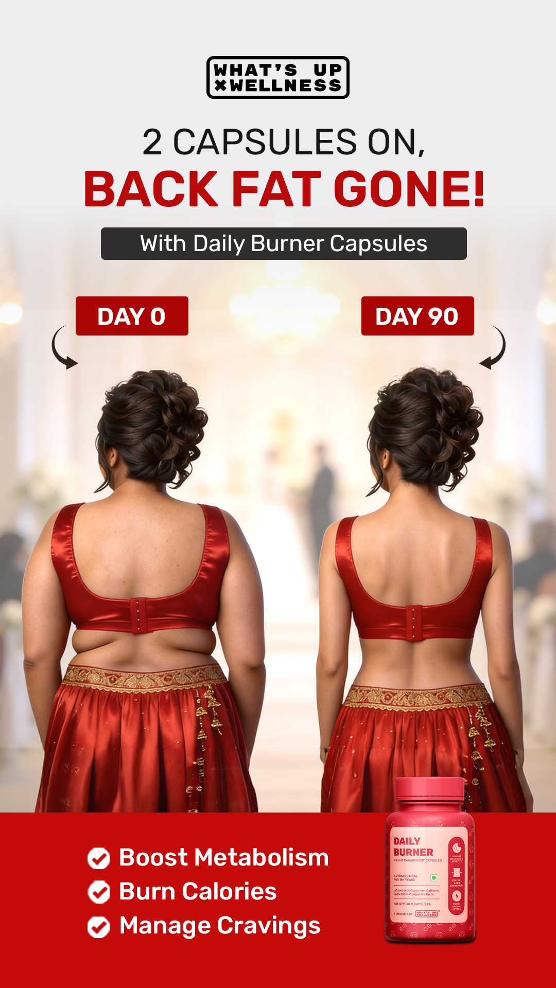 What's Up Wellness Daily Burner Capsules Facebook ad: Flat Rs. 100/- OFF + Extra 5% OFF On Prepaid | Code: WHATSUP
