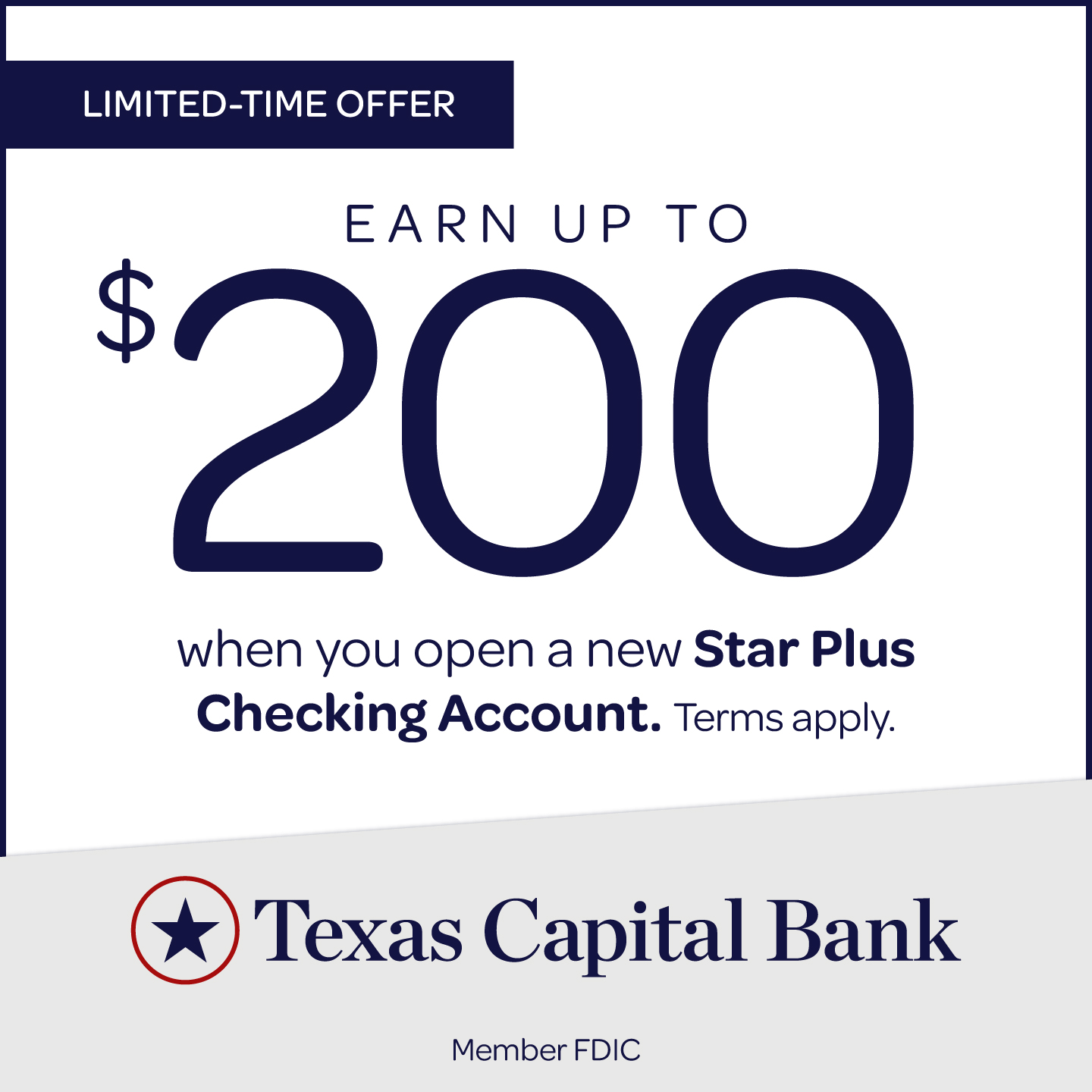 Texas Capital Facebook ad: Get $50 + Up to $150 More