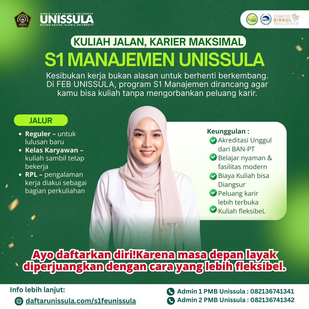 PMB FE Unissula Facebook ad: S1 Manajemen UNISSULA, Kuliah Fleksibel, Siap Hadapi Dunia…