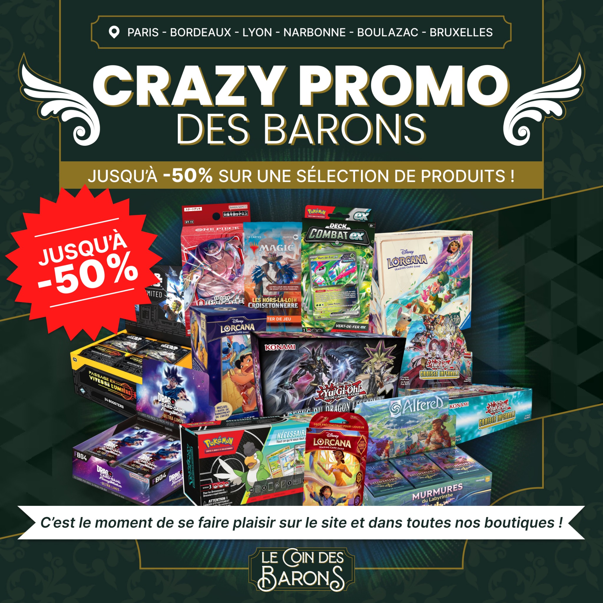 Le Coin des Barons TCG Facebook ad: Jusqu’à -50% sur une sélection TCG