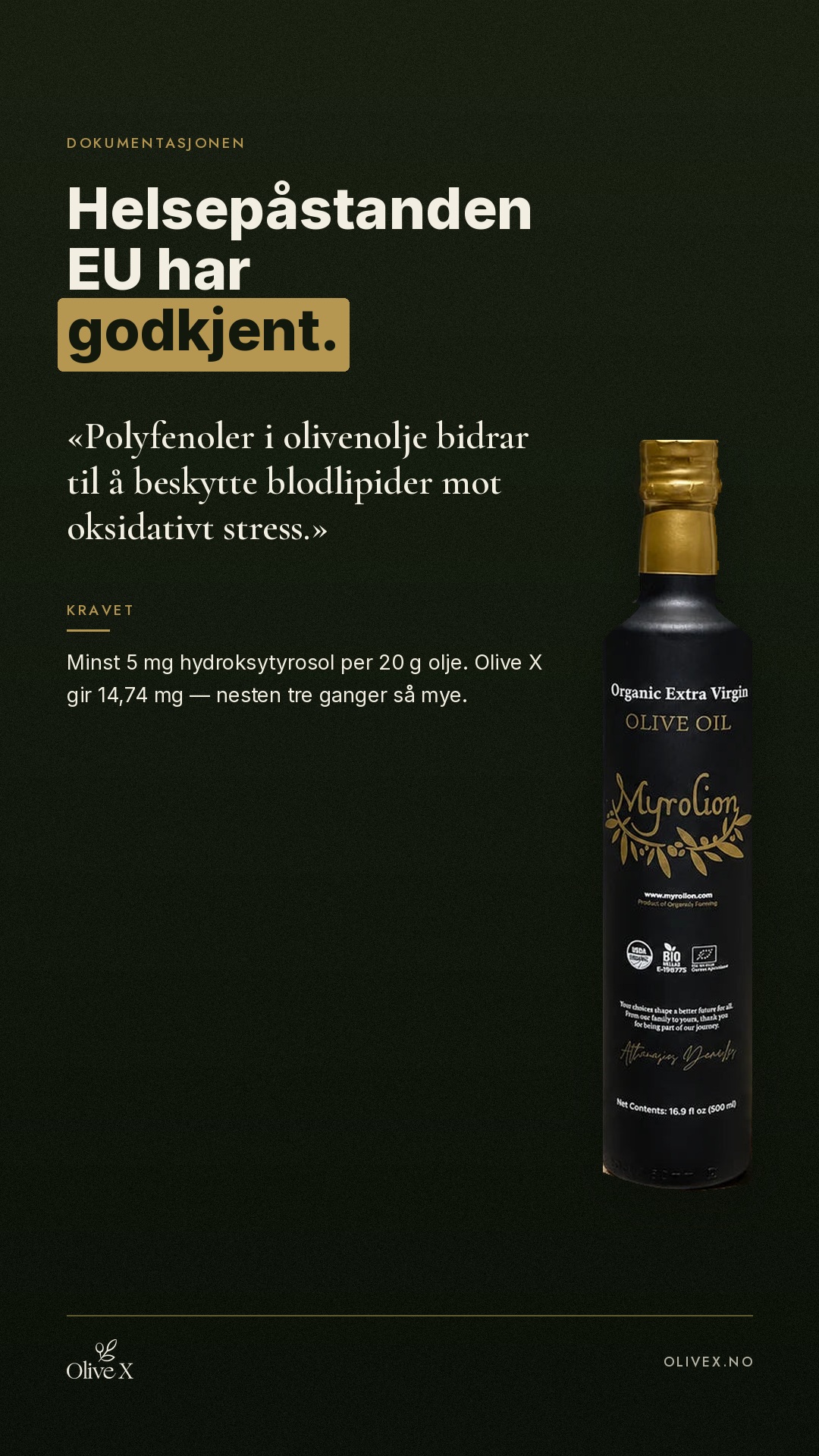 OliveX.no Facebook ad: OliveX har 14,74 mg. EU kravet er 5.
