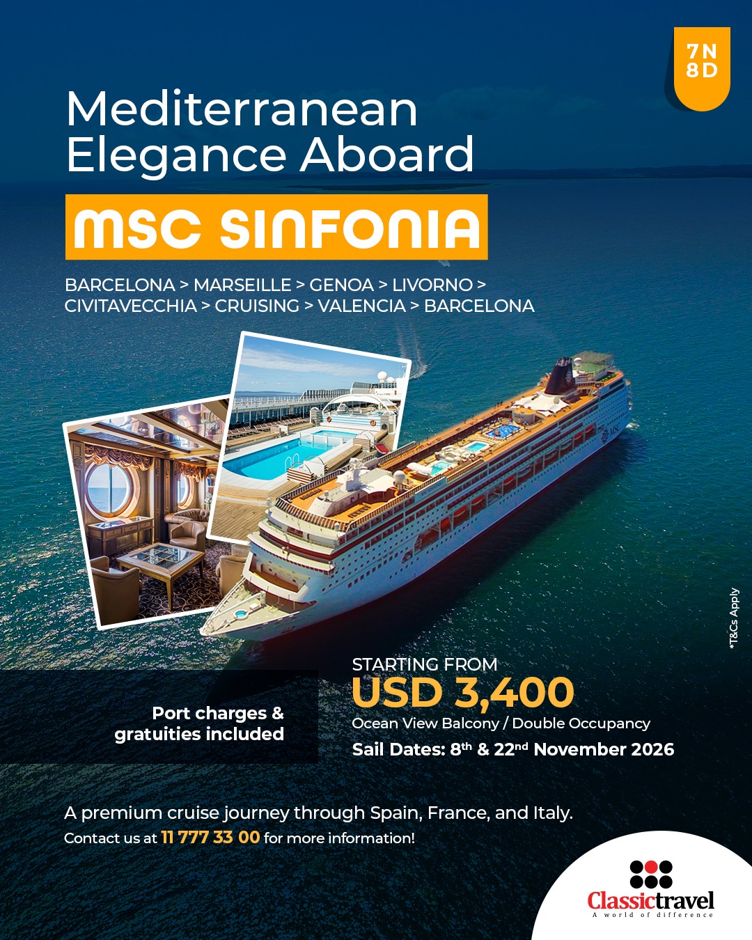 Classic Travel Facebook ad: Book Now & Cruise Aboard MSC Sinfonia