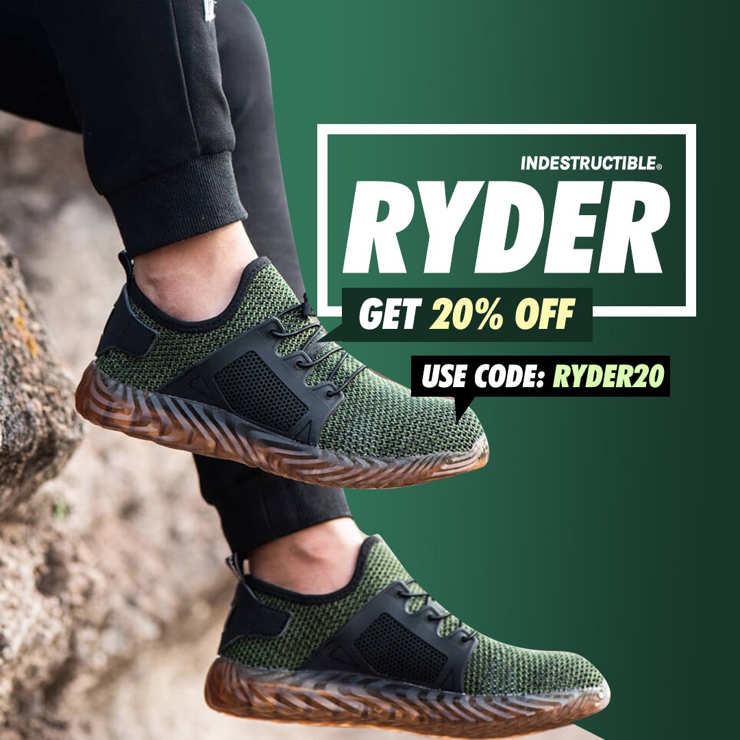 Indestructible Shoes Facebook ad: USE CODE: RYDER20 for extra 20% discount