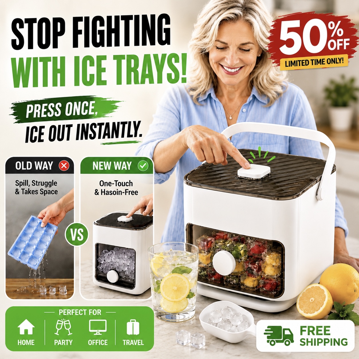 TheNexlo Facebook ad: Perfect Ice Every Time, 50% OFF!
