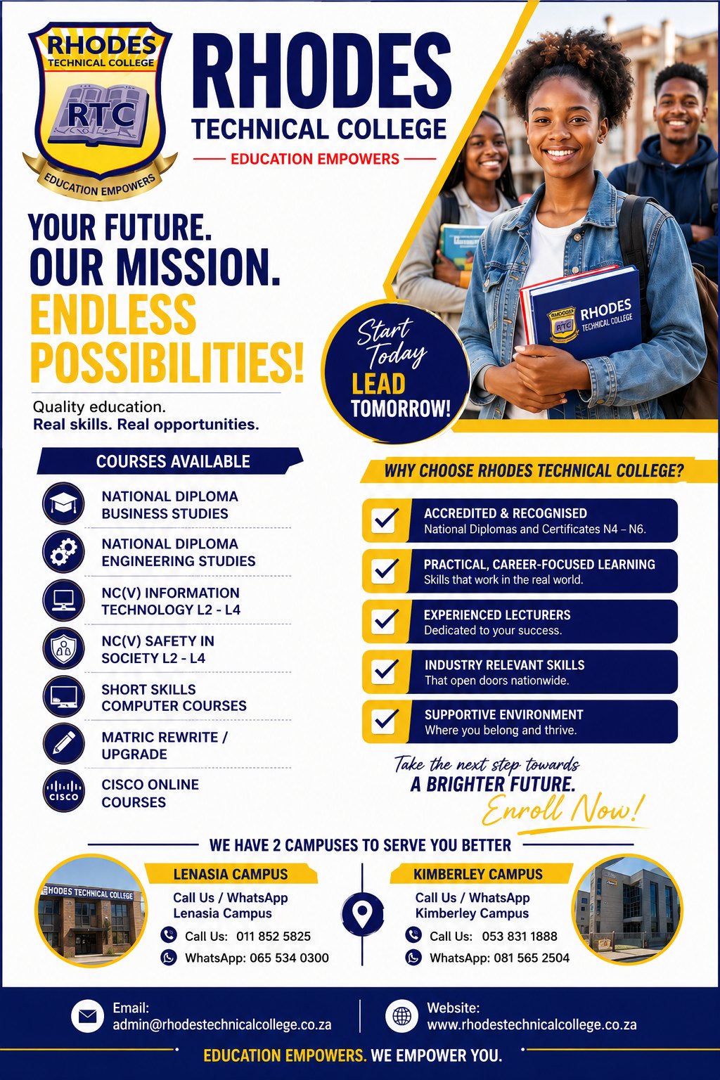 Rhodes Technical College Kimberley Facebook ad: REGISTRATION IS OPEN