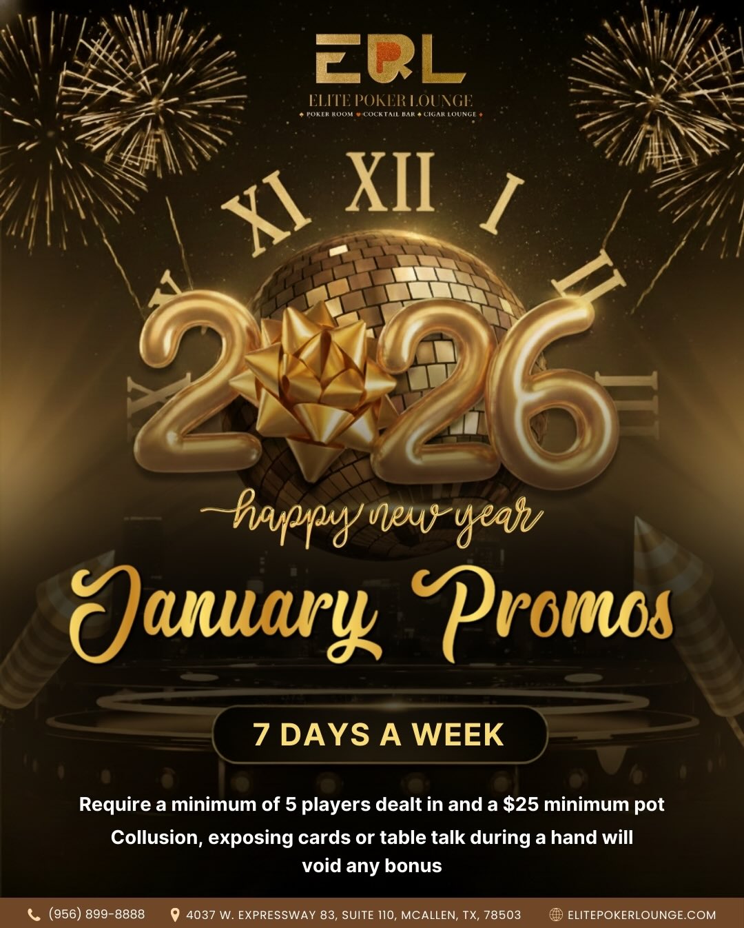 Elite Poker Lounge Facebook ad: NEW YEAR. NEW PROMOS.