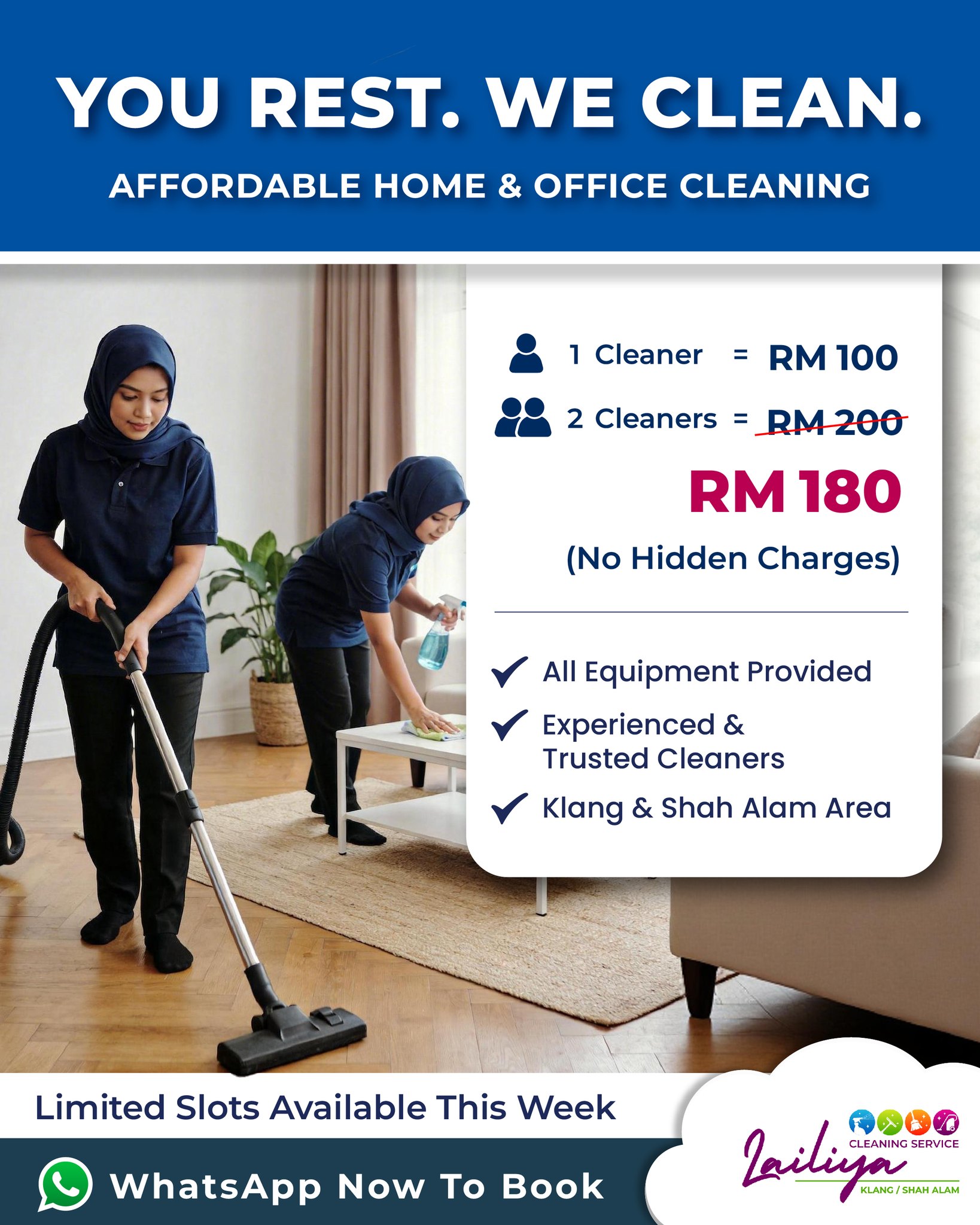 Lailiya ProClean - Klang & Shah Alam Facebook ad: 2 Professional Cleaners, 4 Hours