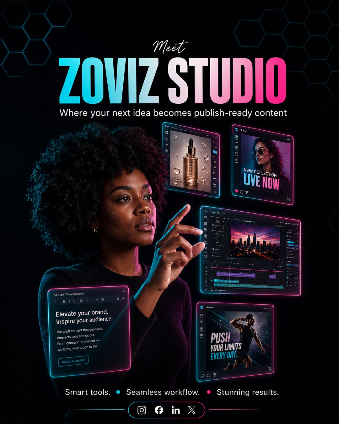 Zoviz Facebook ad: Zoviz Studio learns your exact brand colors, fonts…