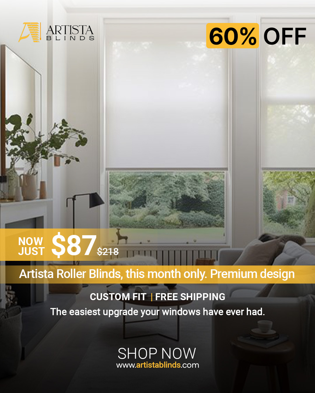 Artista Blinds Facebook ad: Limited time offer on all custom blinds