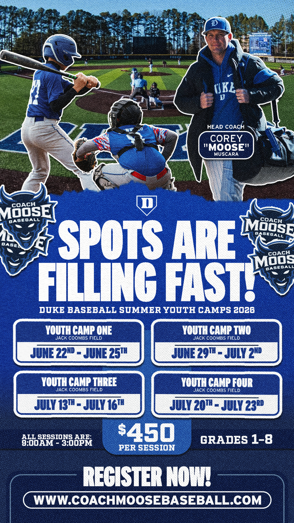 Duke Baseball Camps Facebook ad from Apr 24, 2026