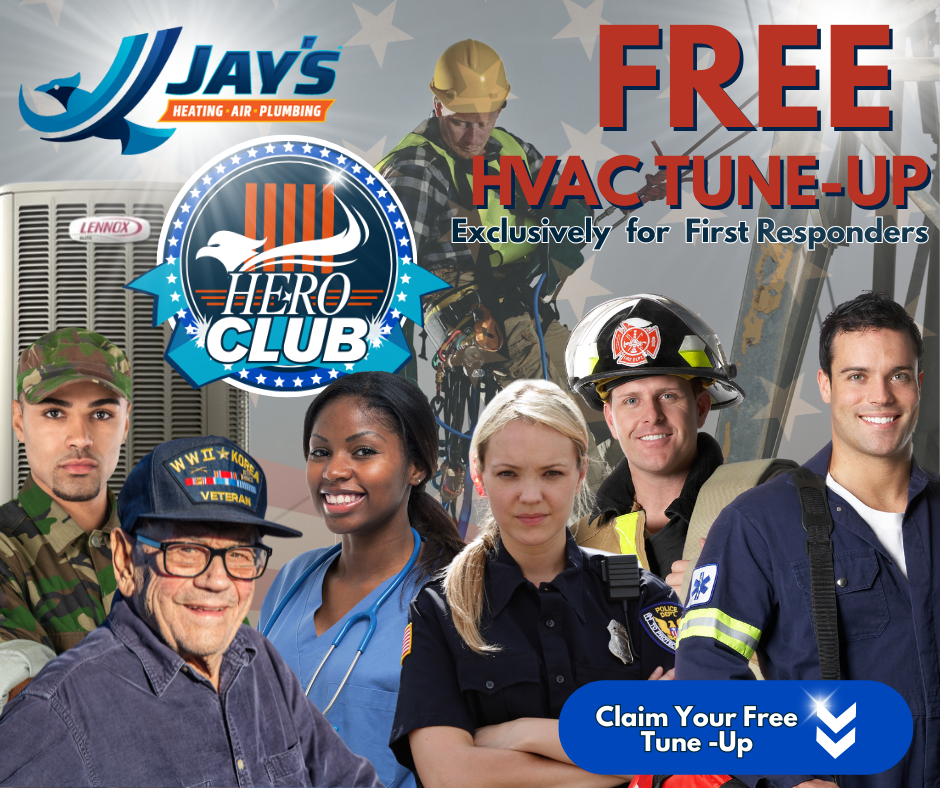 Jay's Heating, Air & Plumbing Facebook ad: Thank You, Heroes! Enjoy a FREE HVAC Tune-Up This Summer