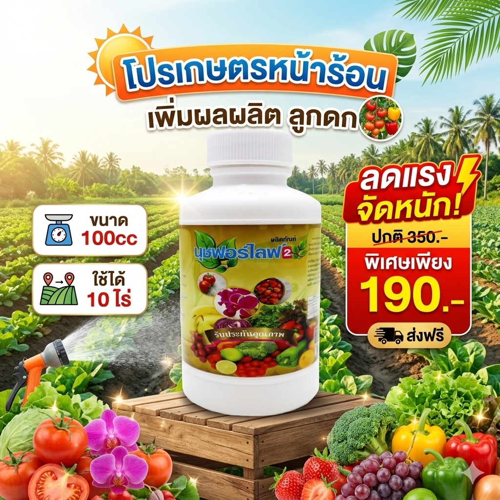 นุชฟอร์ไลฟ์ สำนักงานใหญ่ Facebook ad: หน้าร้อนนี้ พืชไม่โทรม ผลผลิตไม่ตก ต้องมีตัวช่วยดีๆ!