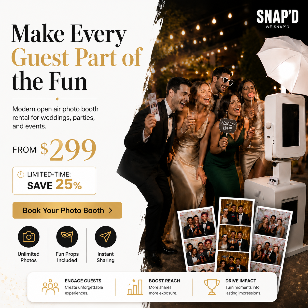 Snap’d - Photo-Booth Rental Facebook ad: Book This Week, Save 25%