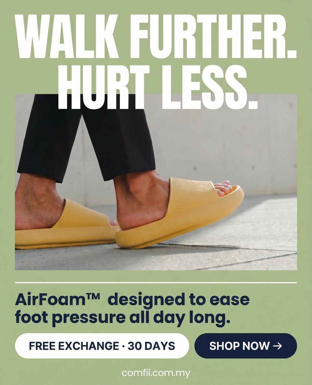 Comfii Facebook ad: Less Foot Pain. More Distance.