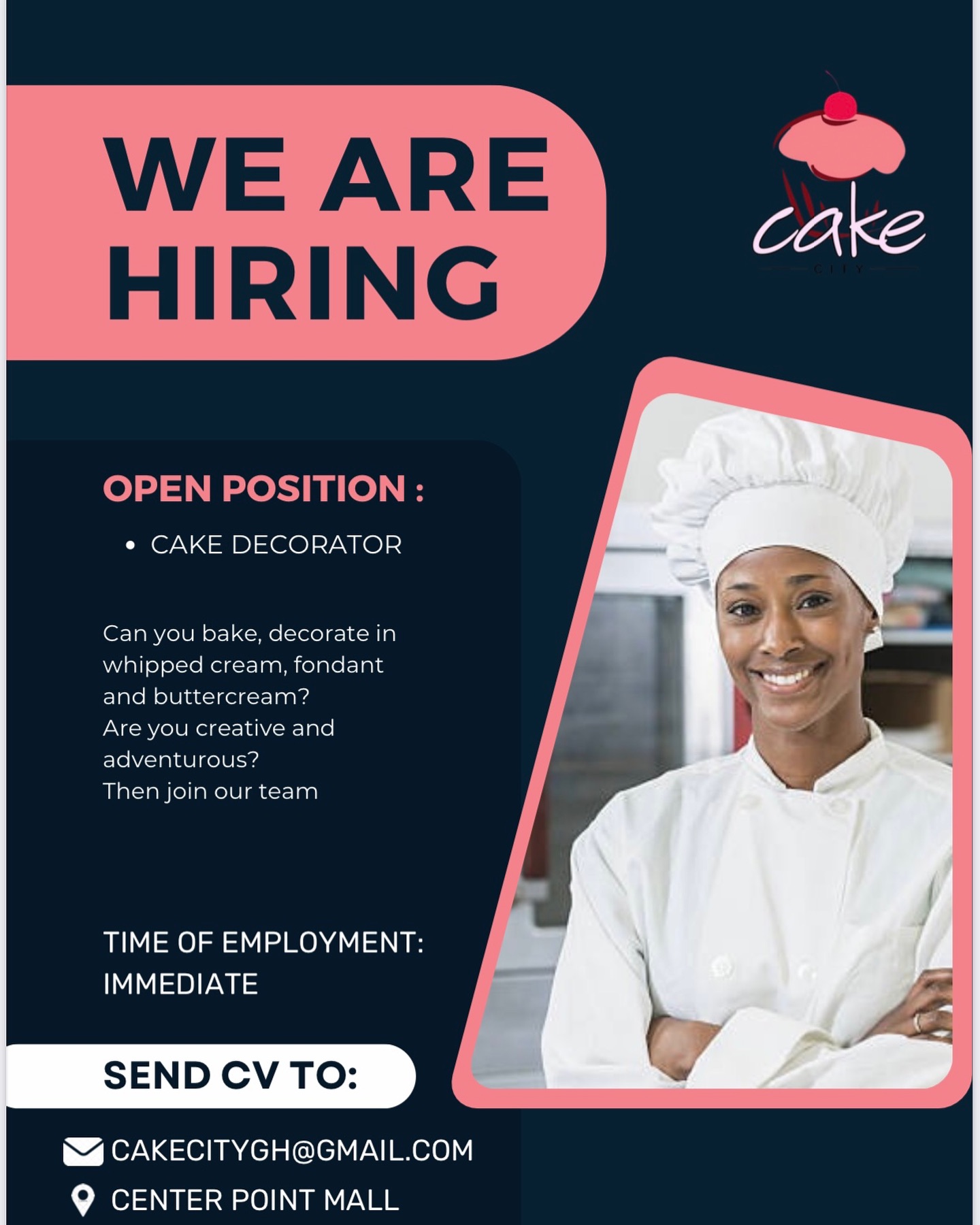 Cake City Facebook ad: Job Opening: Cake Decorator at Cake City