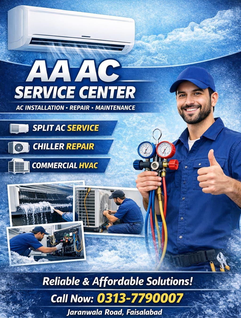 AA ac service center Facebook ad: گرمی سے پریشان؟ اب فکر کی کوئی بات…