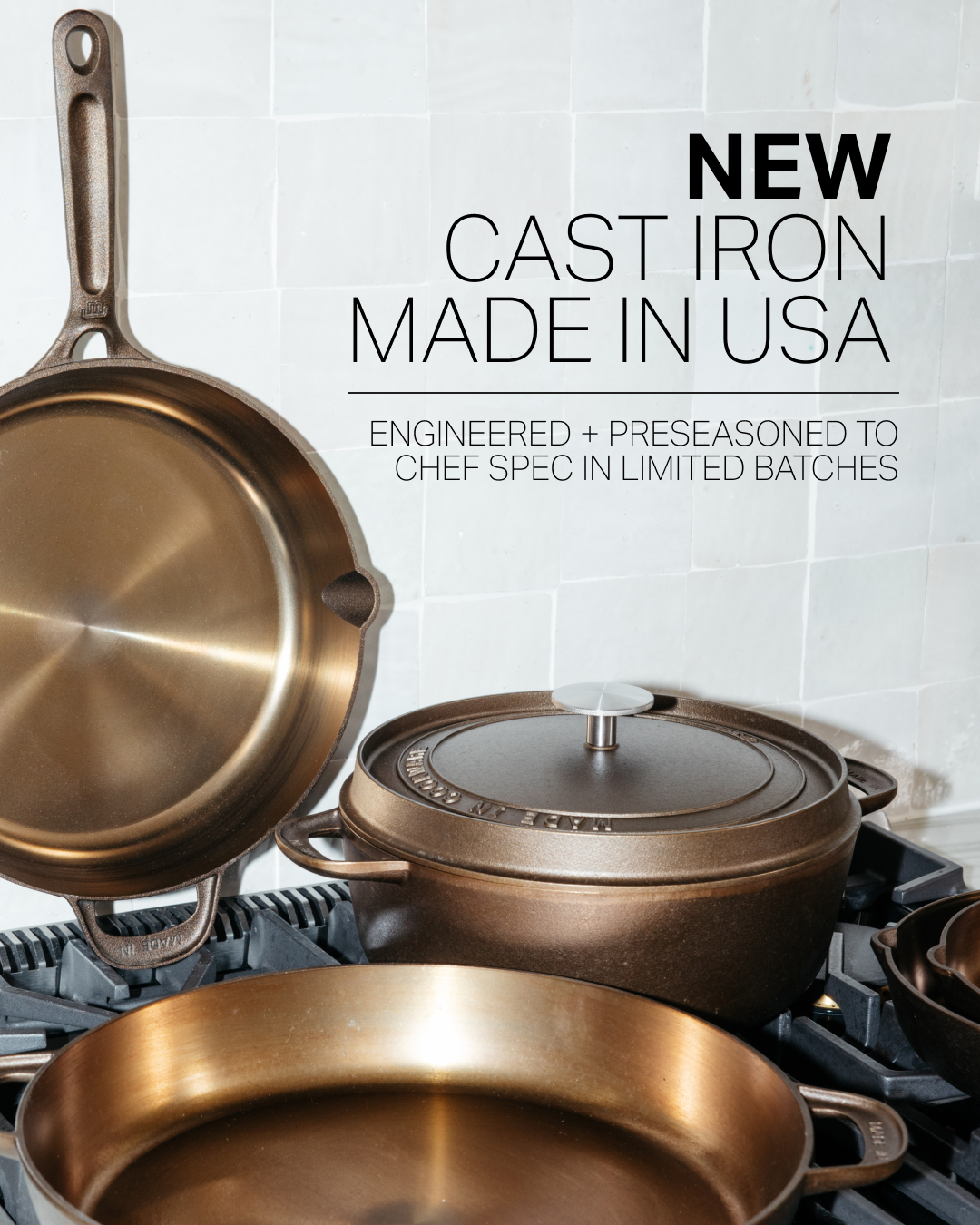 Made In Cookware Facebook ad: Cast Iron Made In The USA To Chef Spec