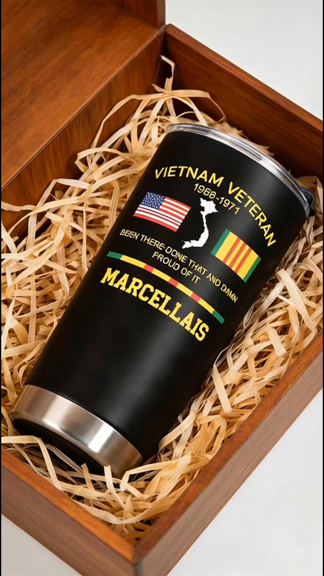 Caeliv Stories Facebook ad: Custom Vietnam War tumbler, perfect gift for husband…