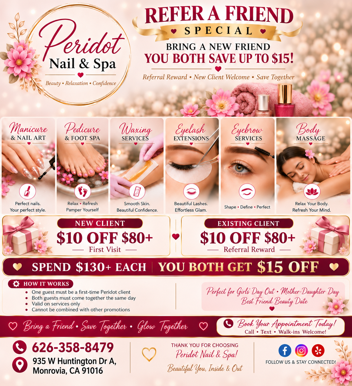 Peridot Nail & Spa Facebook ad: BRING A NEW FRIEND, YOU BOTH SAVE!