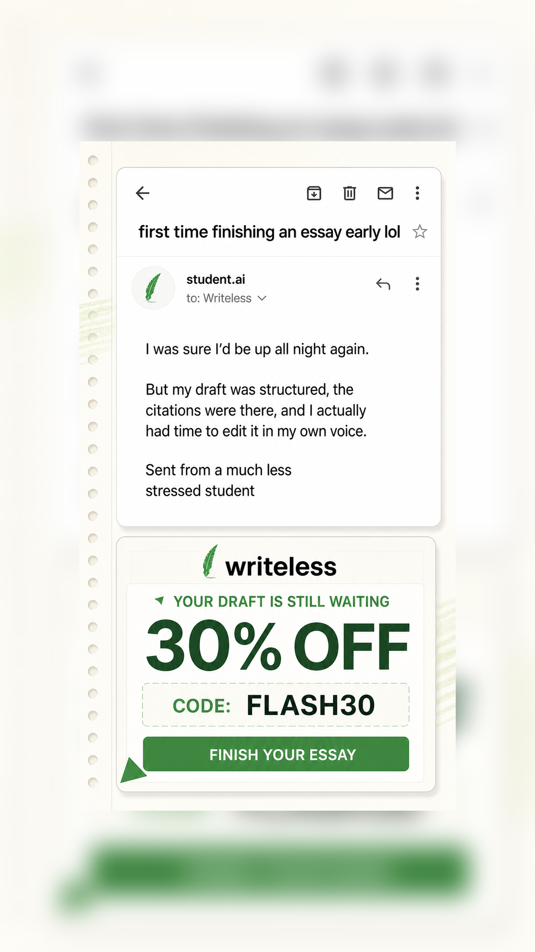 Writeless AI Facebook ad: 30% Off Writeless AI Today