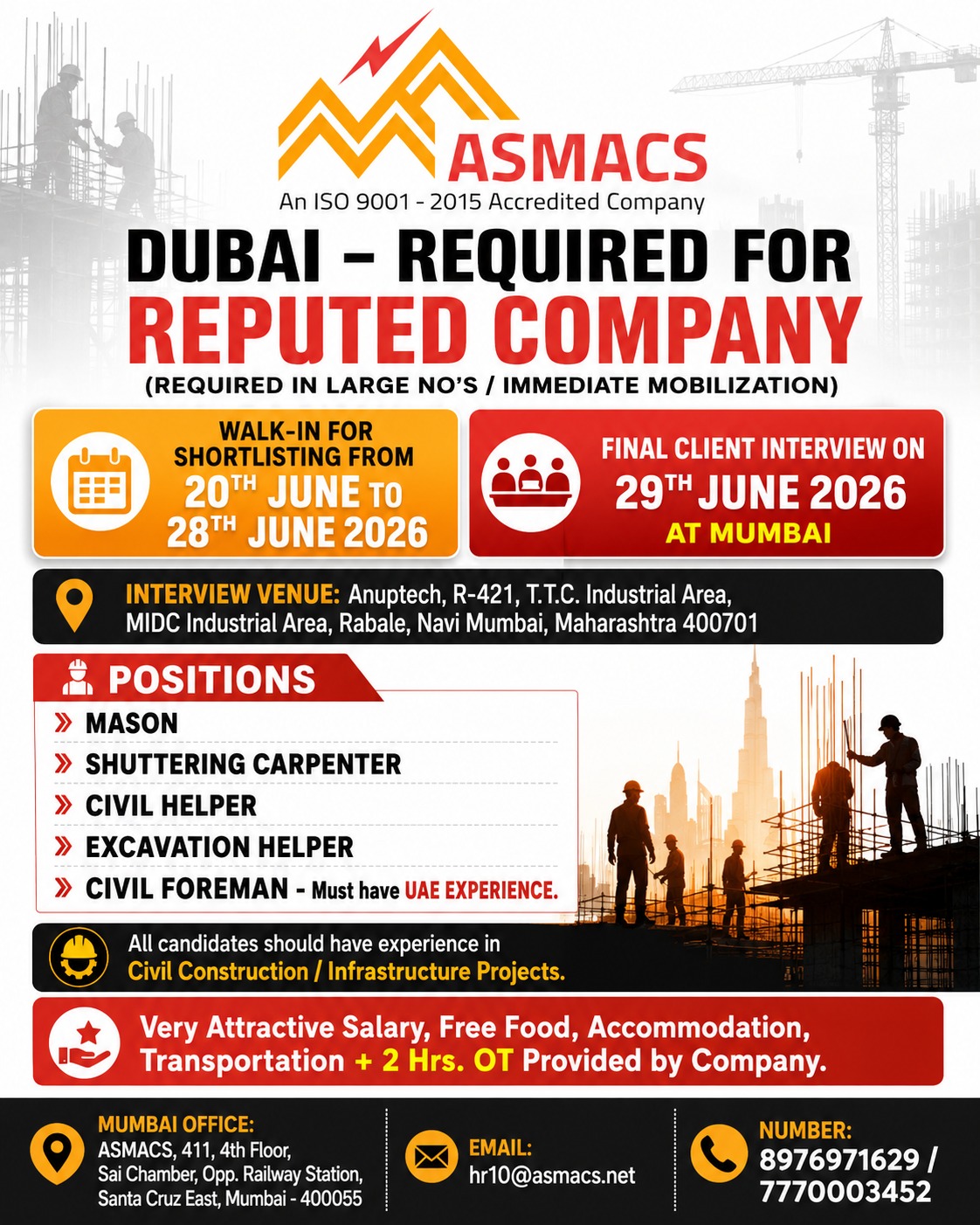 Asmacs Staffing, IND Facebook ad: Dubai Job Openings, Immediate Mobilization!