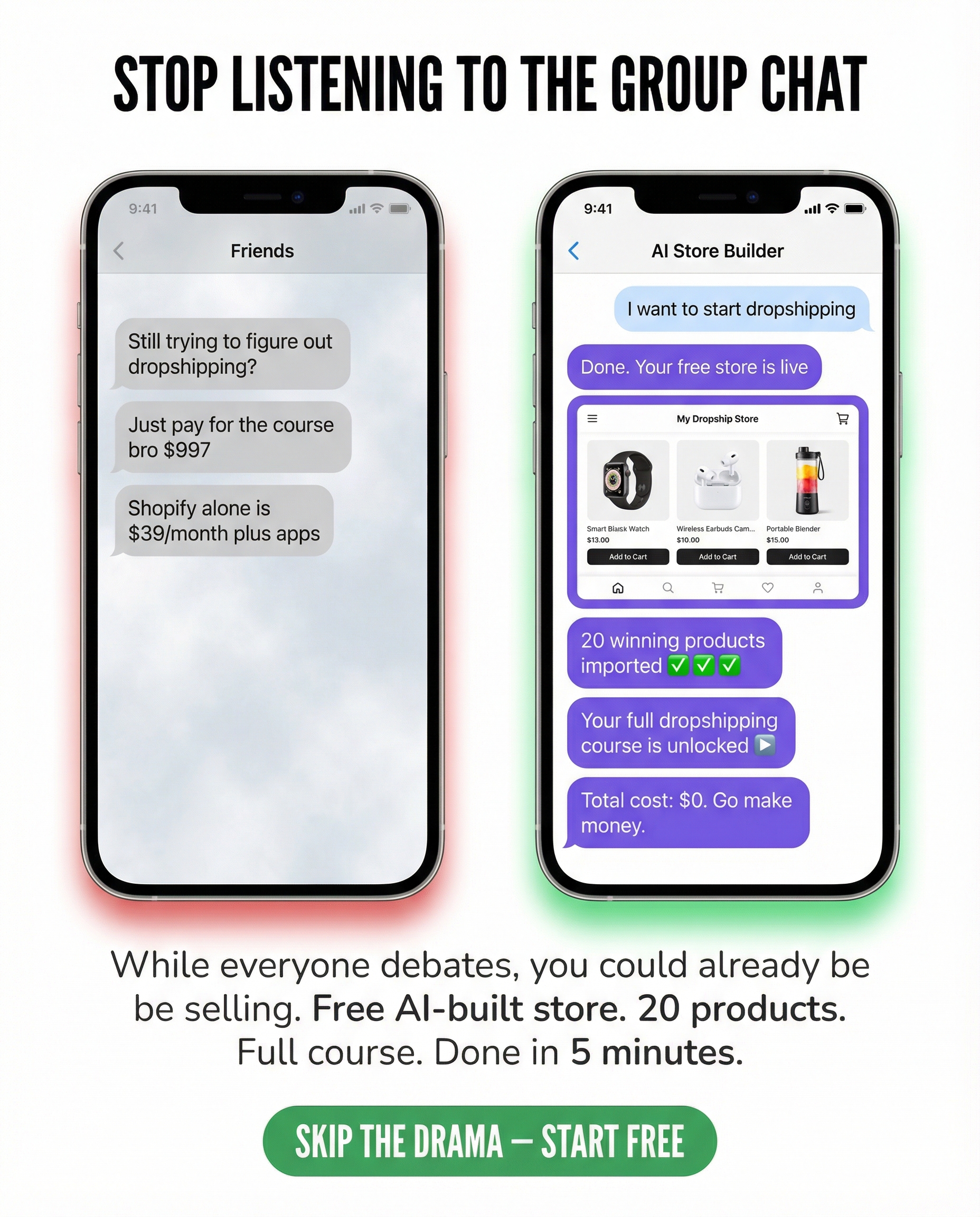 Start Your Online Brand Today Facebook ad: Free Store + Winning Products + Course
