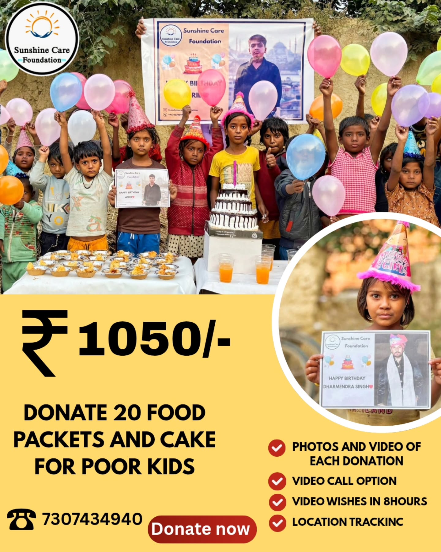 Sunshine Care Foundation Facebook ad: Serving food, sharing joy, Celebrate kindness with 20…