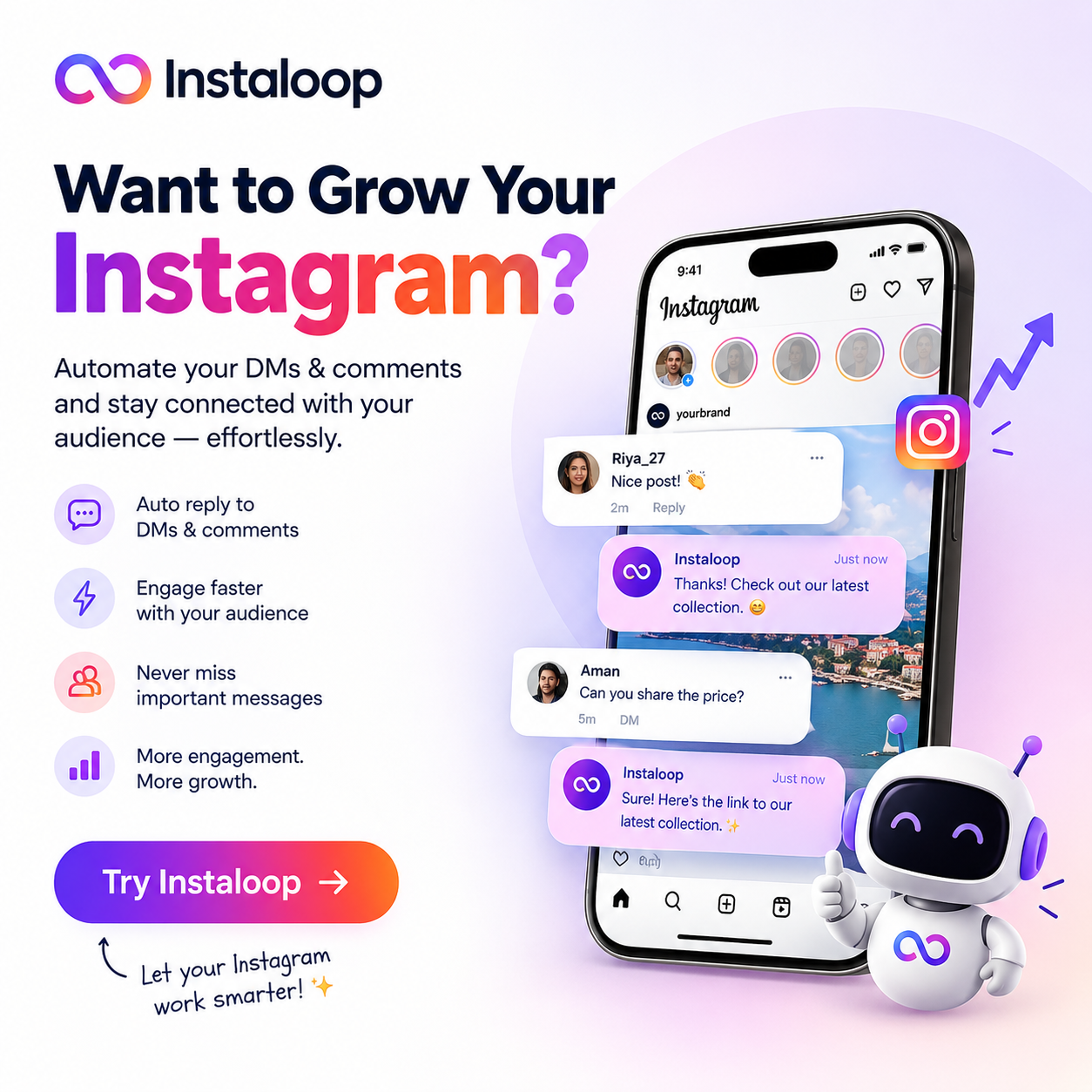 Jarvis Technology Facebook ad: Instaloop, Grow your Instagram on autopilot
