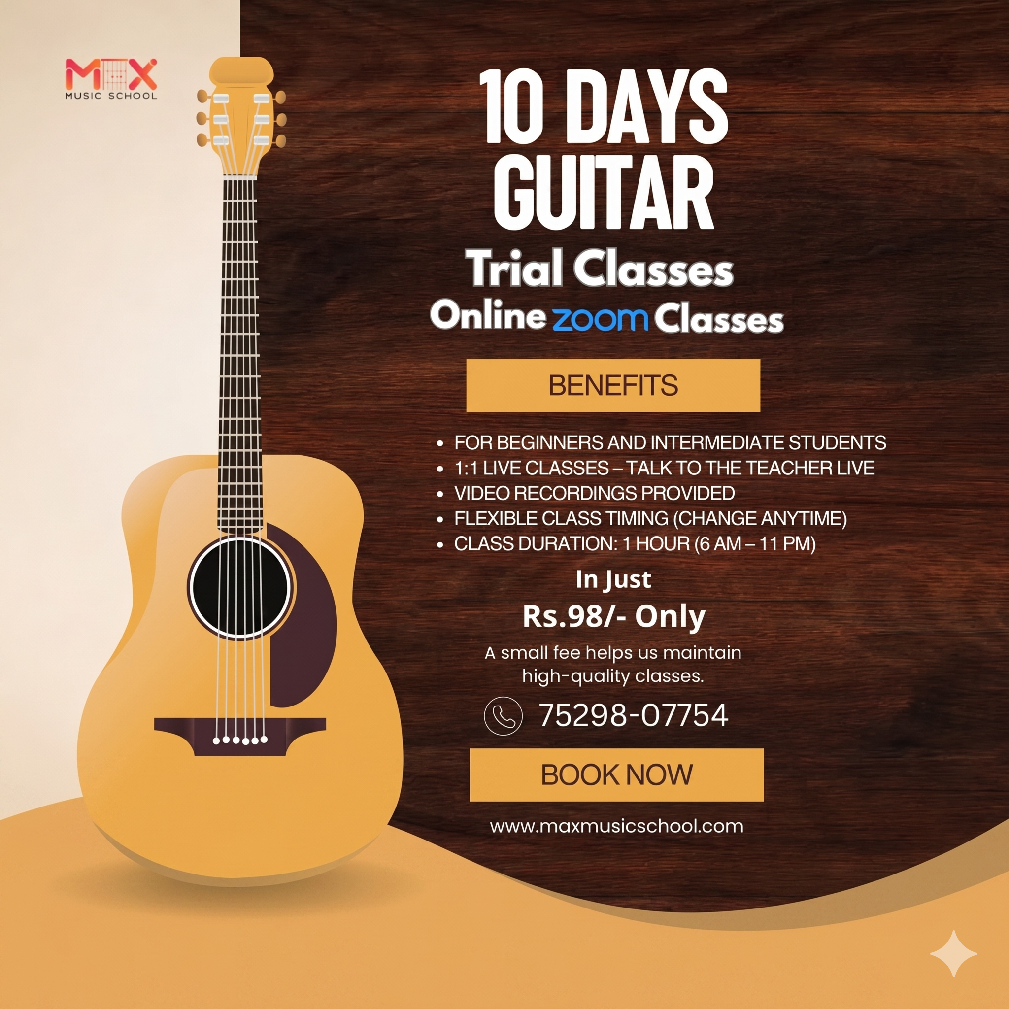 Max Music school Facebook ad: Online Guitar Trial Classes, Learn Guitar Live from Home…