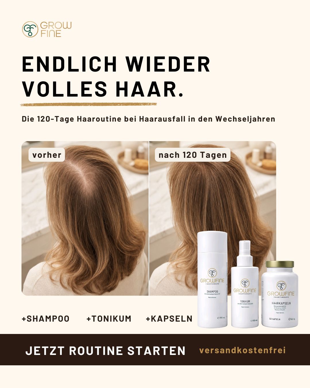 Growfine Facebook ad: Haarausfall in den Wechseljahren?