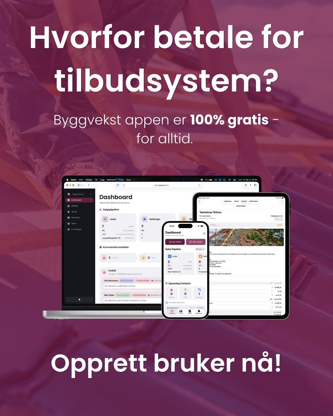 Byggvekst.no Facebook ad: Registrer gratis bruker!