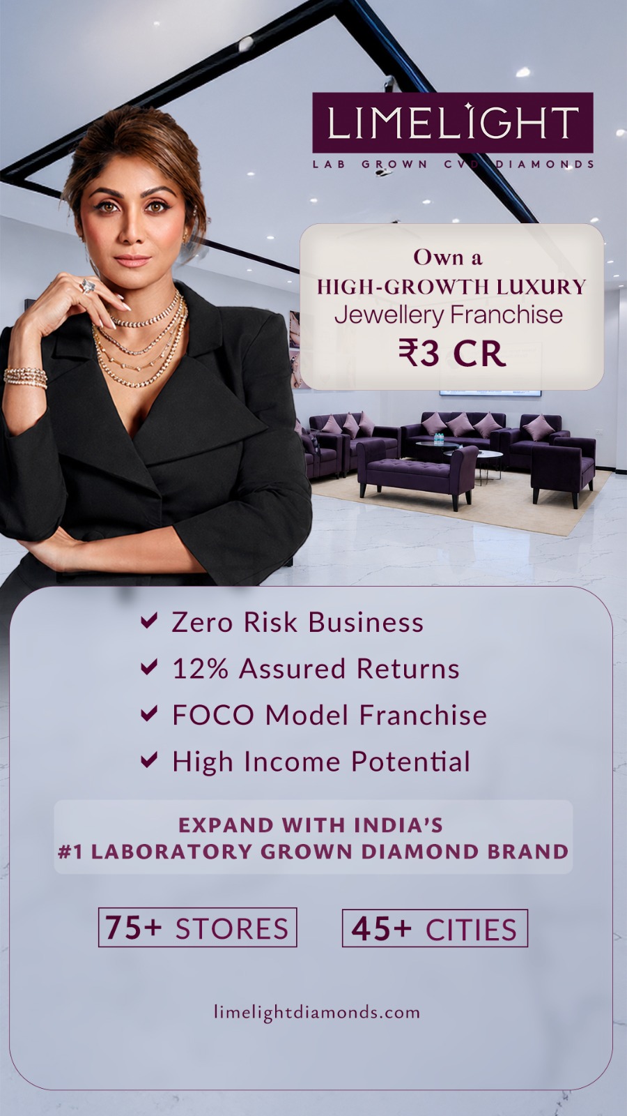 Limelight Diamonds Facebook ad: Premium jewellery franchise opportunity in select cities.