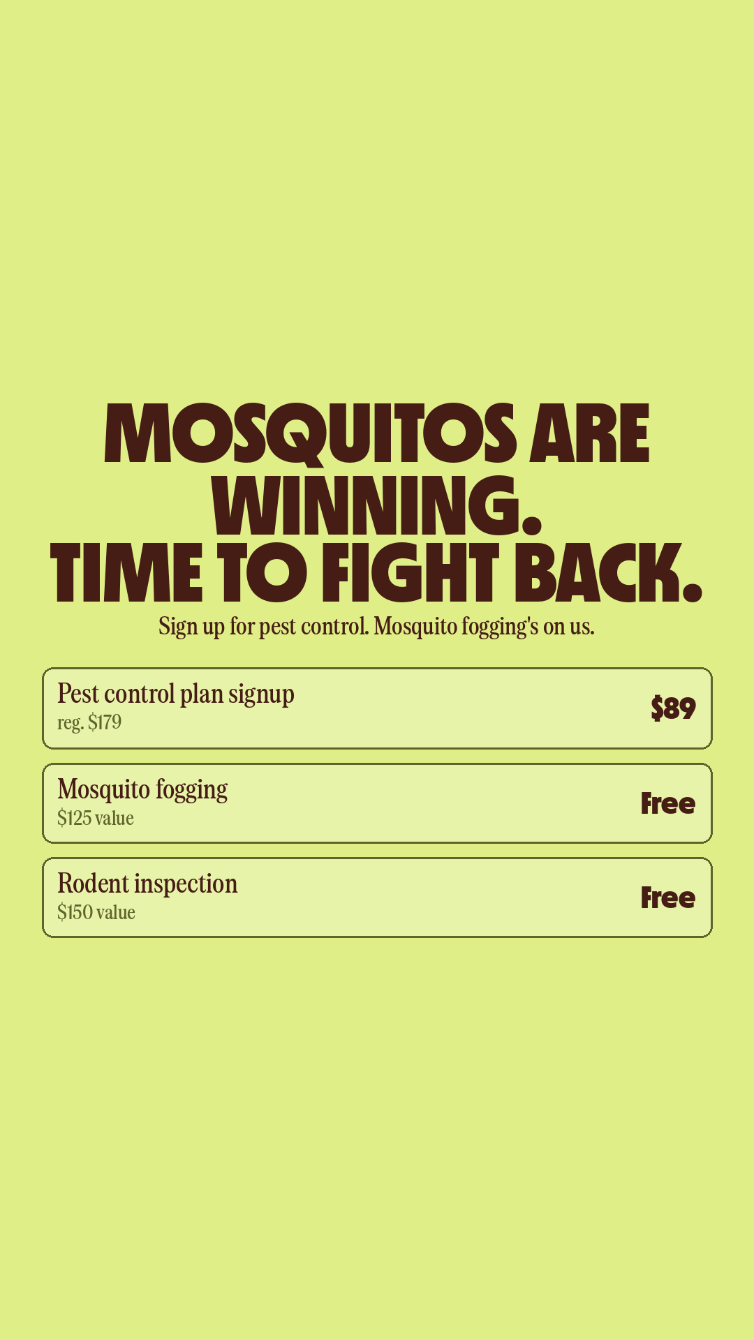 Tango Pest + Property Care Facebook ad: Half Off Your First Treatment. Plus $275 in Free Stuff.