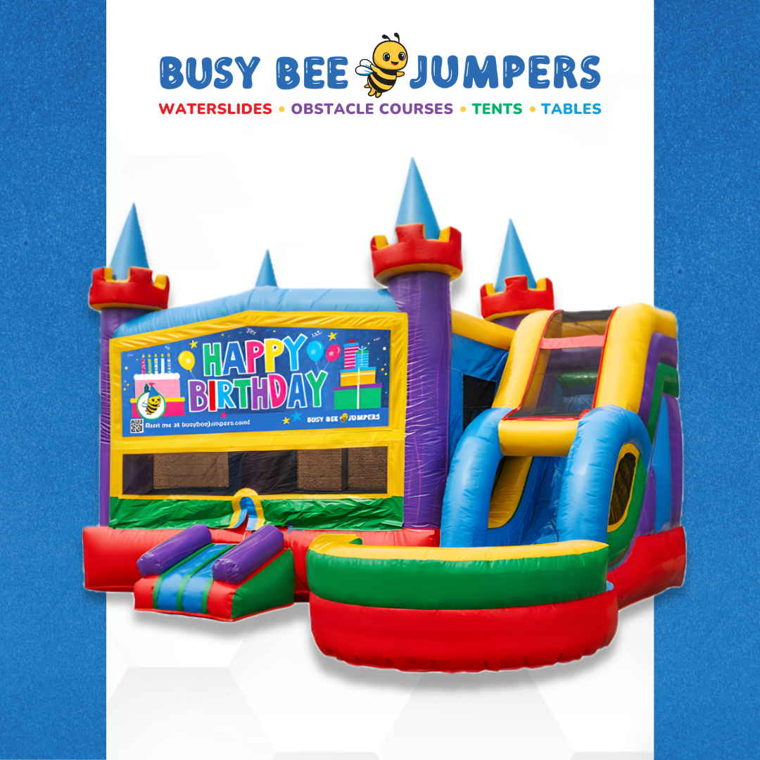 Busy Bee Jumpers Facebook ad: Bounce, climb, splash, and race your way through…