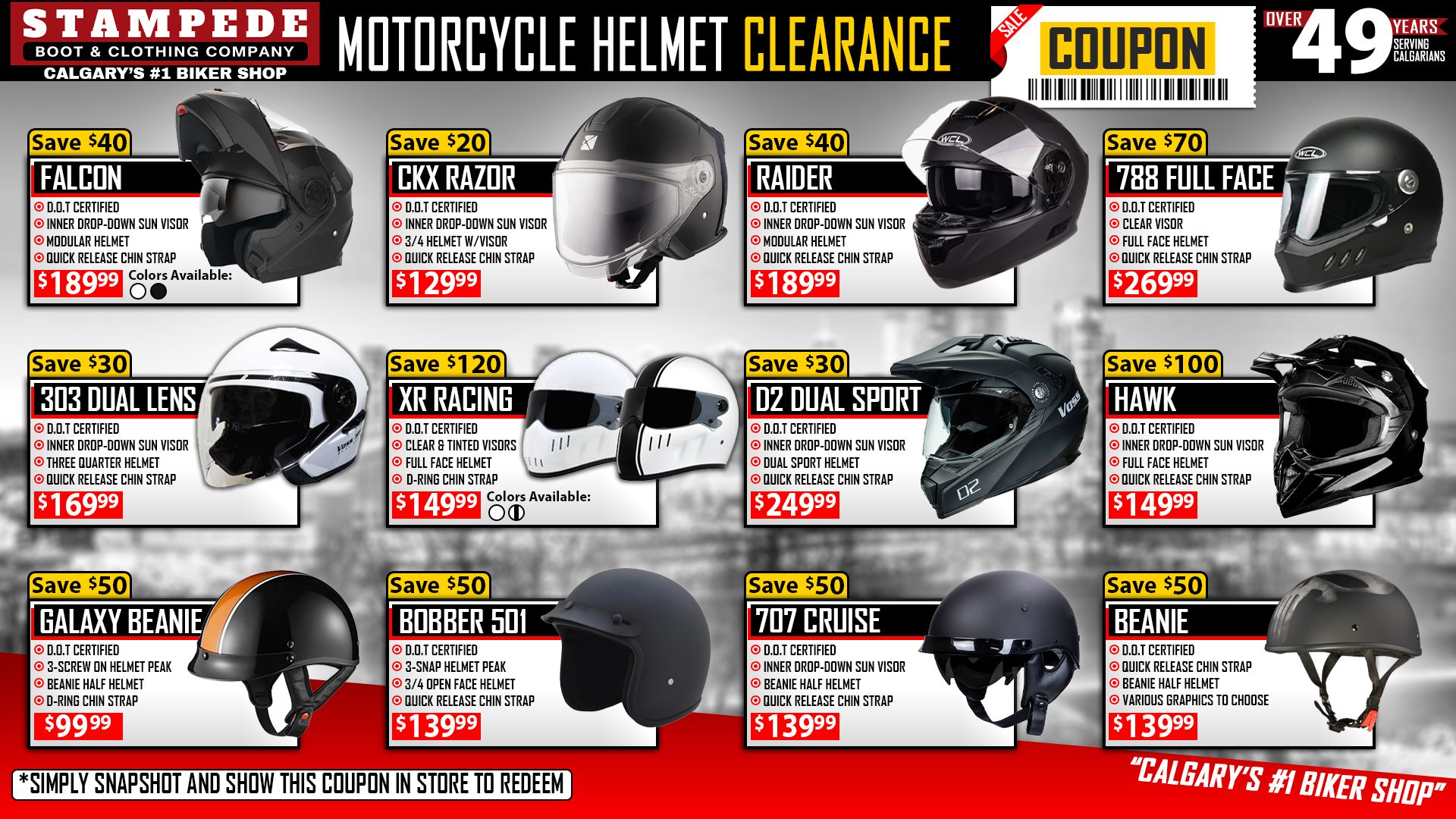 Stampede Boot and Clothing Company Facebook ad: MOTORCYCLE HELMET CLEARANCE SALE ON NOW