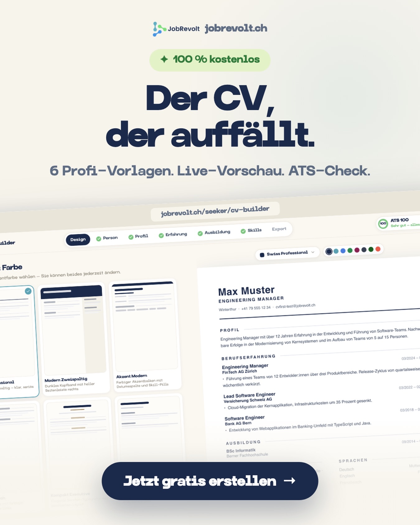 jobrevolt.ch Facebook ad: Der einfachste Weg zum perfekten Lebenslauf.