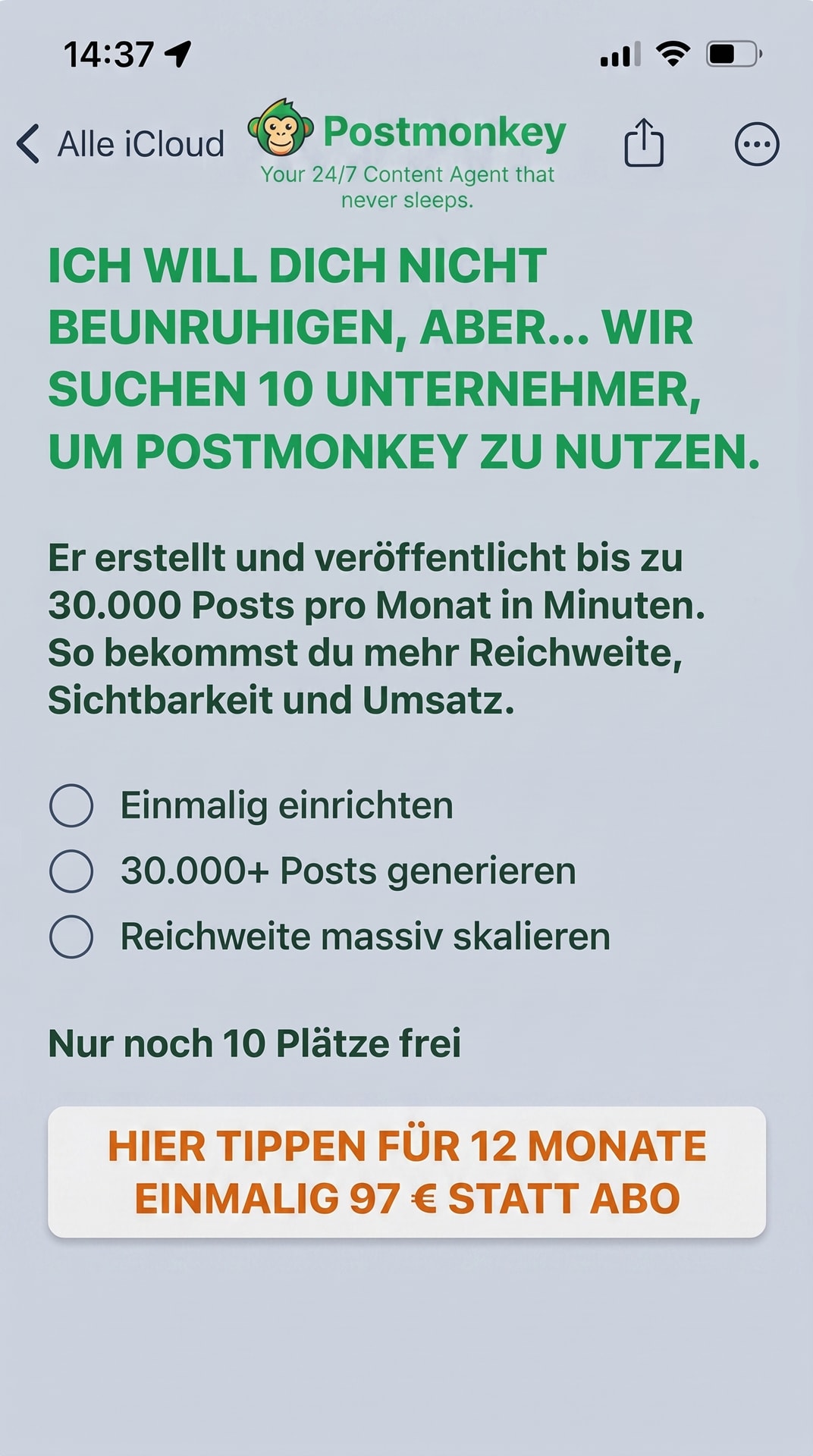 Paul Roth Facebook ad: 12 Monate Content-Autopilot für 97€