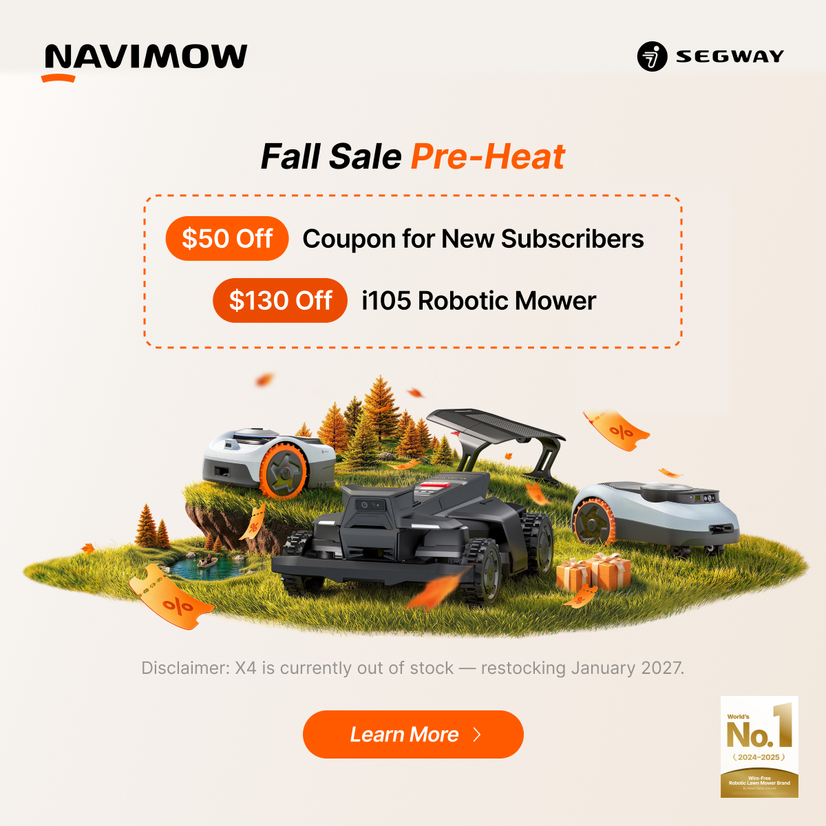 Segway Navimow Facebook ad: Fall Sale Pre-Heat: Get a Head Start On Fall Savings