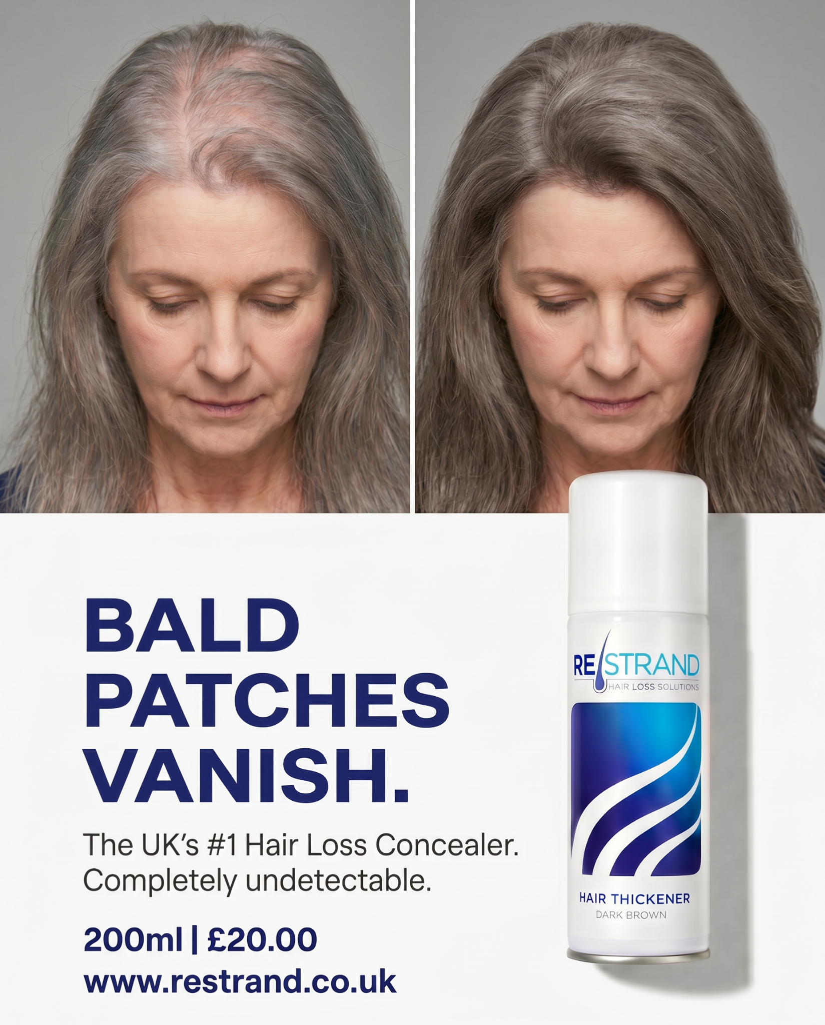 Instant Hair Thickening Spray Facebook ad: Bald Patches Vanish in Seconds!