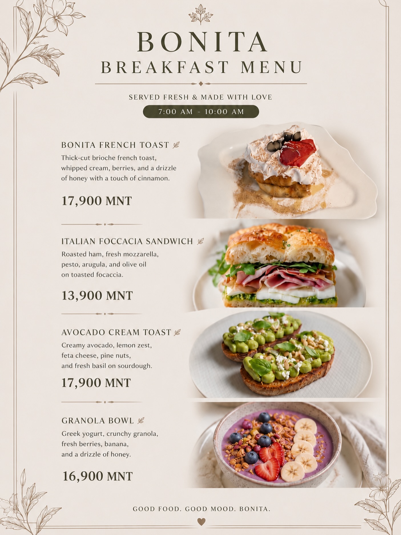 Bonita cafe Facebook ad: ӨГЛӨӨНИЙ ЦАЙ ГАРЧ ЭХЭЛЛЭЭ, BONITA-д тавтай морил!