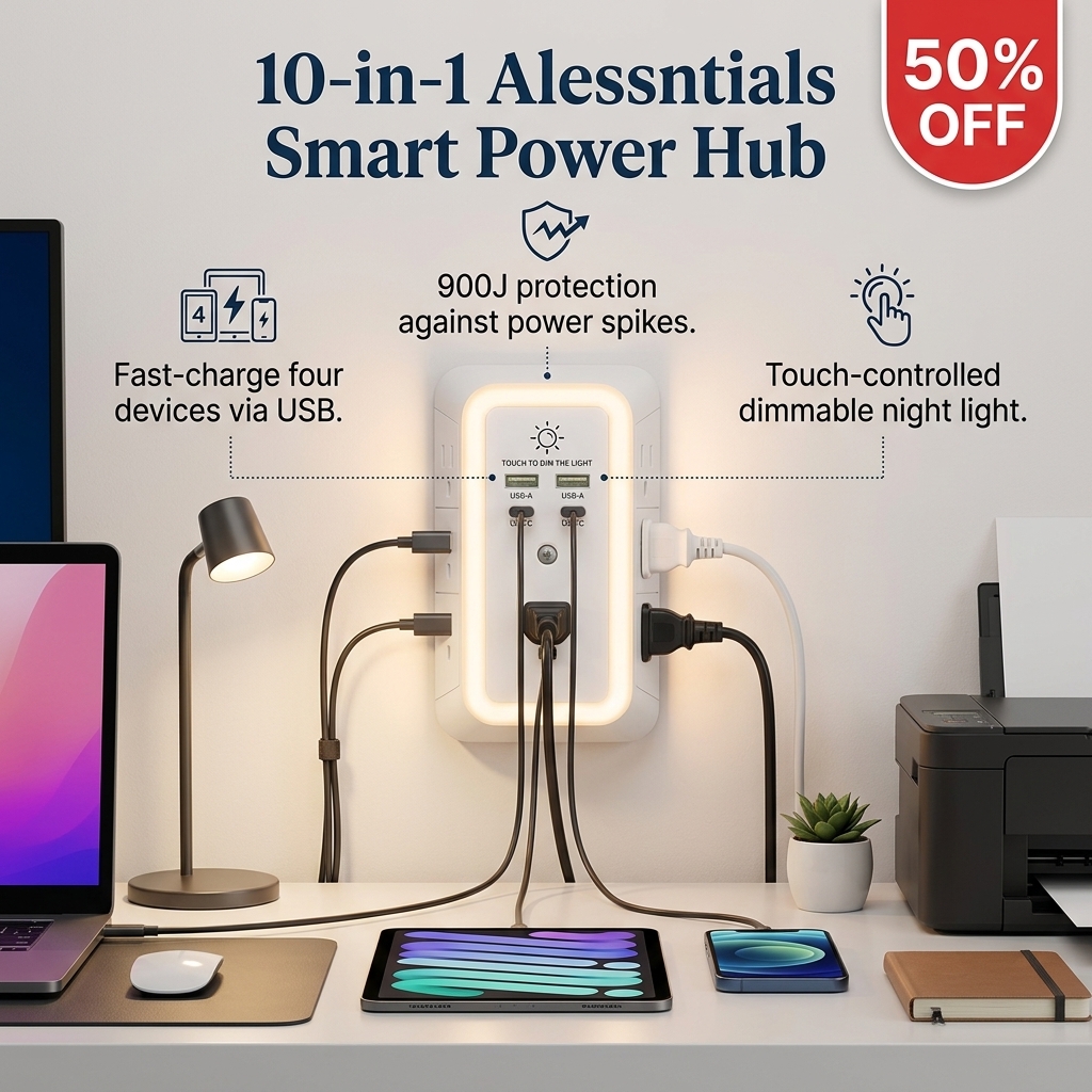 Jennie's Essential Select Facebook ad: Aless 10-in-1 ETL-Certified Surge Protector Power Outlet