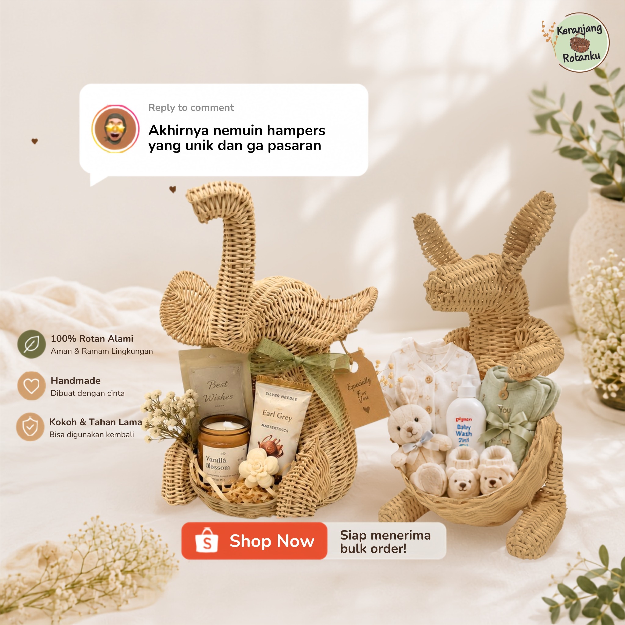 PMM Consumer Goods Facebook ad: Kami siap custom berbagai jenis keranjang rotan handmade…