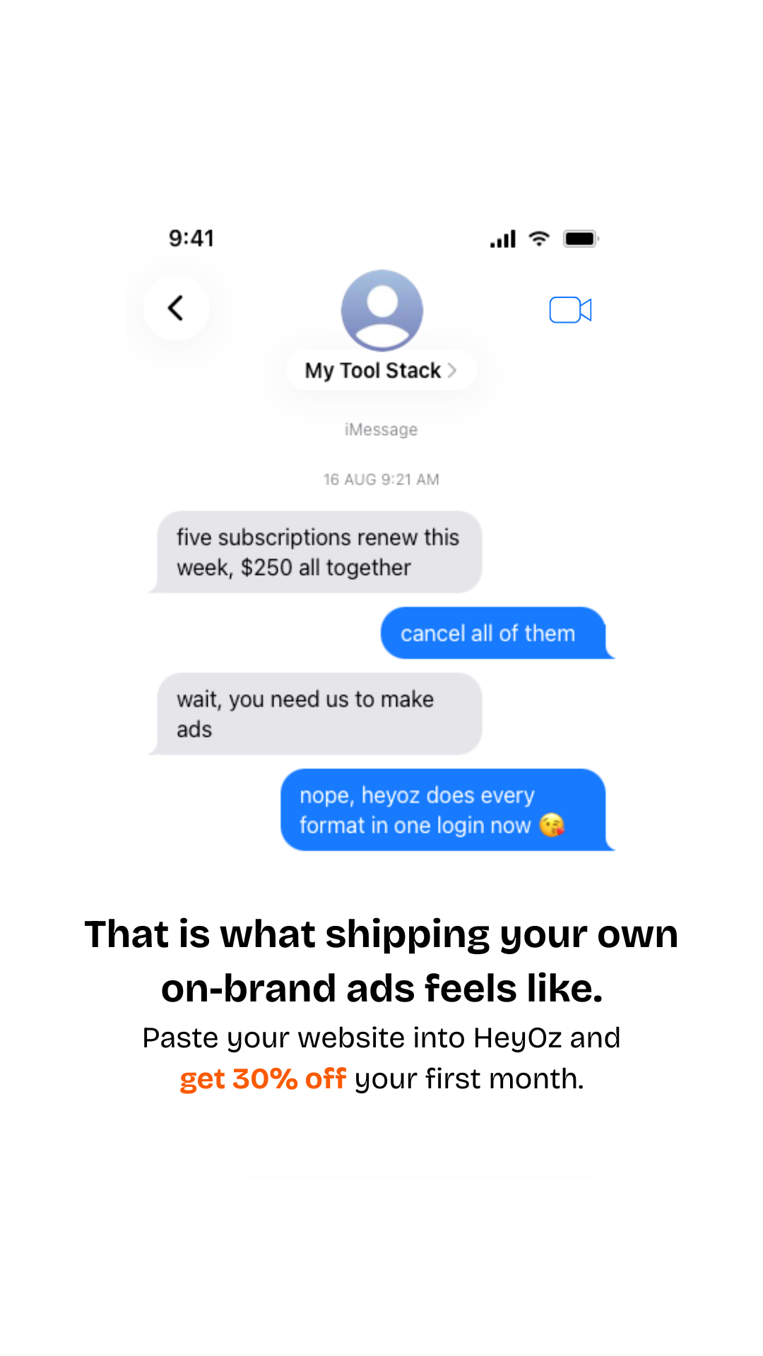 Oz: AI Marketing Platform Facebook ad: One URL. A week of ads.