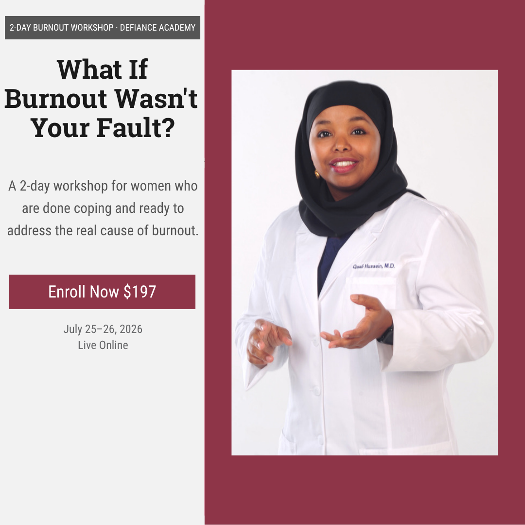 Defiance Academy Facebook ad: 2-DAY BURNOUT WORKSHOP · DEFIANCE ACADEMY