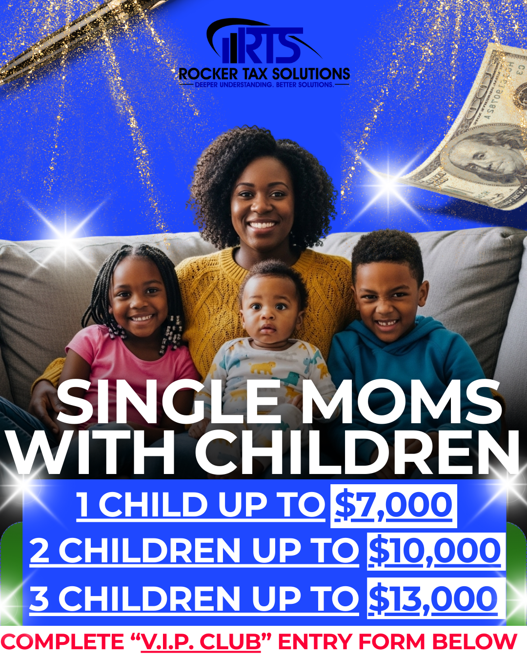Rocker Tax Solutions Facebook ad: Join The SIngle Mom Tax Filing V.I.P. Club
