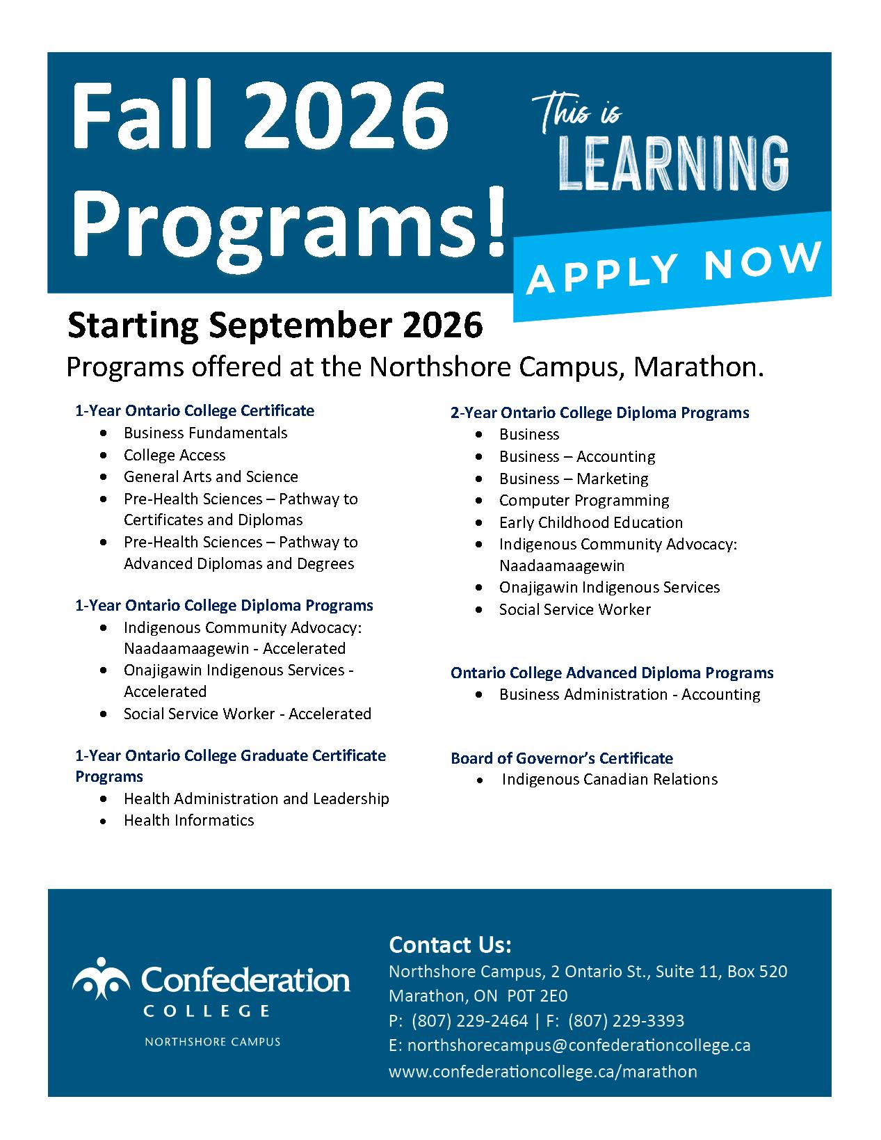 Confederation College Northshore Campus Facebook ad: Your Future Starts Here, Fall 2026 at Confederation…