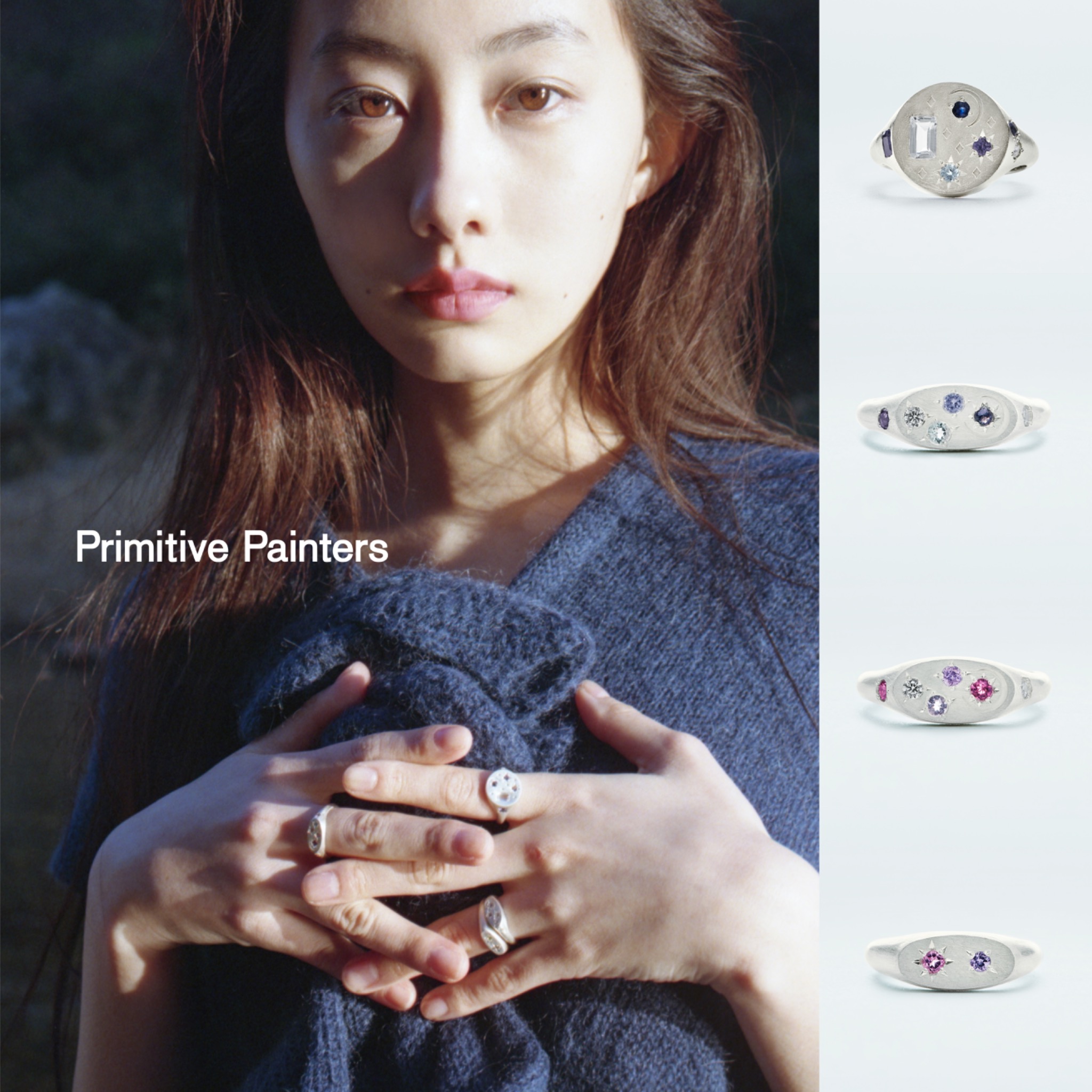 Primitive Painters Facebook ad: Natural gemstone jewelry, embodying curiosity and sensory…