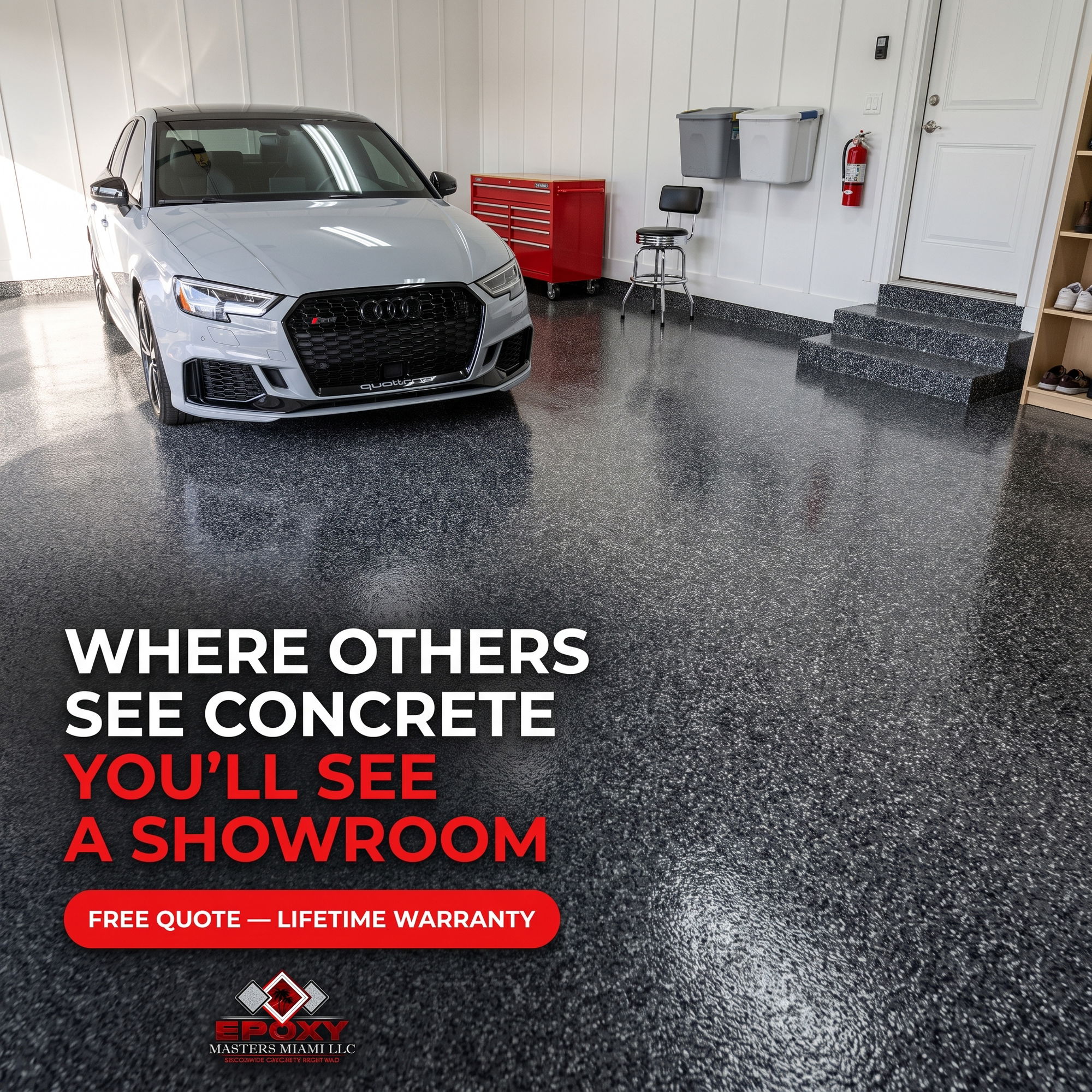 Epoxy masters miami Facebook ad: Turn your garage into a showroom